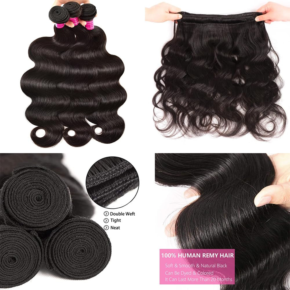 Body Wave Bundles with Closure Human Hair (16 18 20 +14) Brazilian Human Hair 3 Bundles with 4X4 HD Lace Closure Free Part 10A Grade 100% Unprocessed Virgin Hair Body Wave Bundles Natural Color