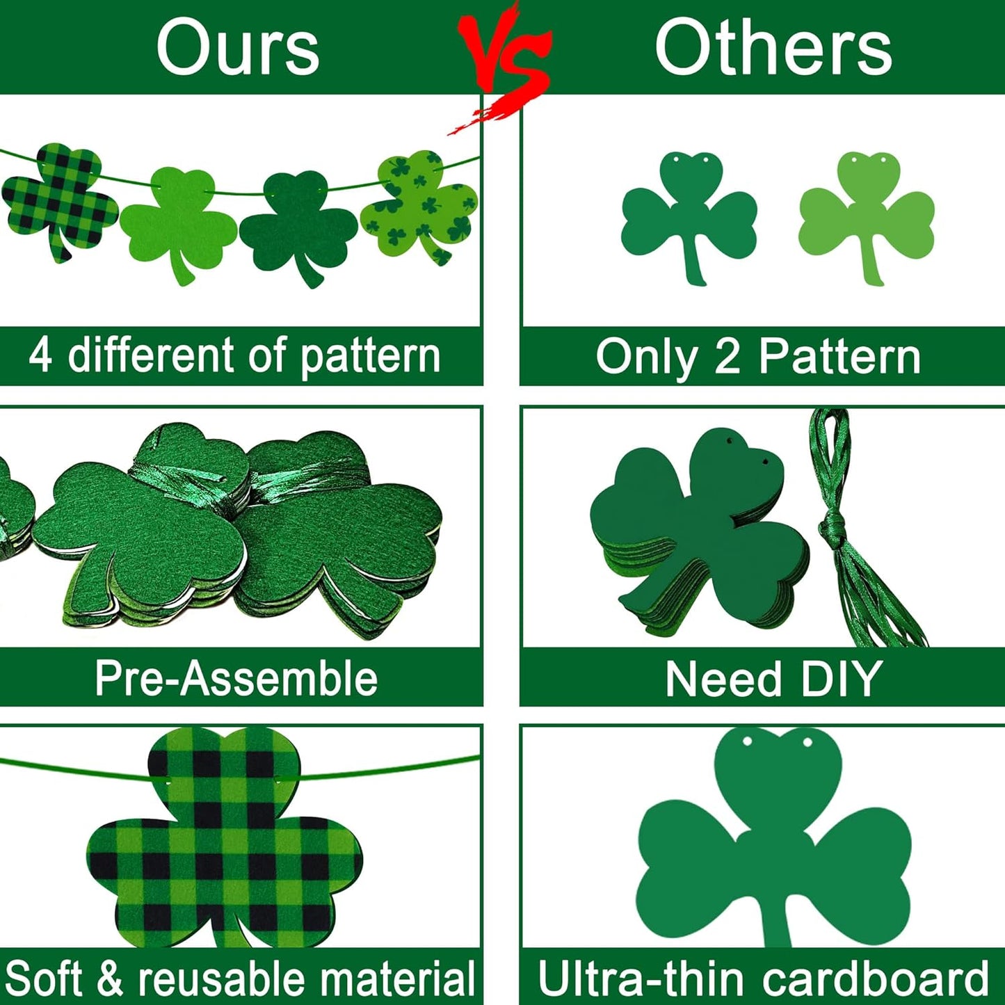4PCS Felt Shamrock Clover Garland Banner - NO DIY, St. Patrick'S Day Decorations - Buffalo Plaid Dark Green Light Green Happy St. Patrick'S Day Banner for Home Mantel Office Irish Day Party Supplies