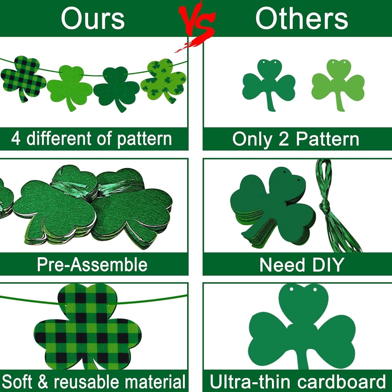 4PCS Felt Shamrock Clover Garland Banner - NO DIY, St. Patrick'S Day Decorations - Buffalo Plaid Dark Green Light Green Happy St. Patrick'S Day Banner for Home Mantel Office Irish Day Party Supplies