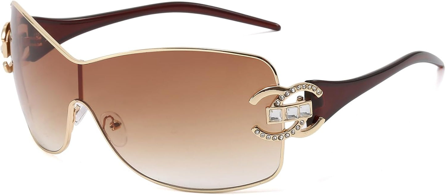 Wrap around Y2K Sunglasses for Women Men Fashion Large Frame One-Piece Shades Trendy Shield Design Gradient Lens