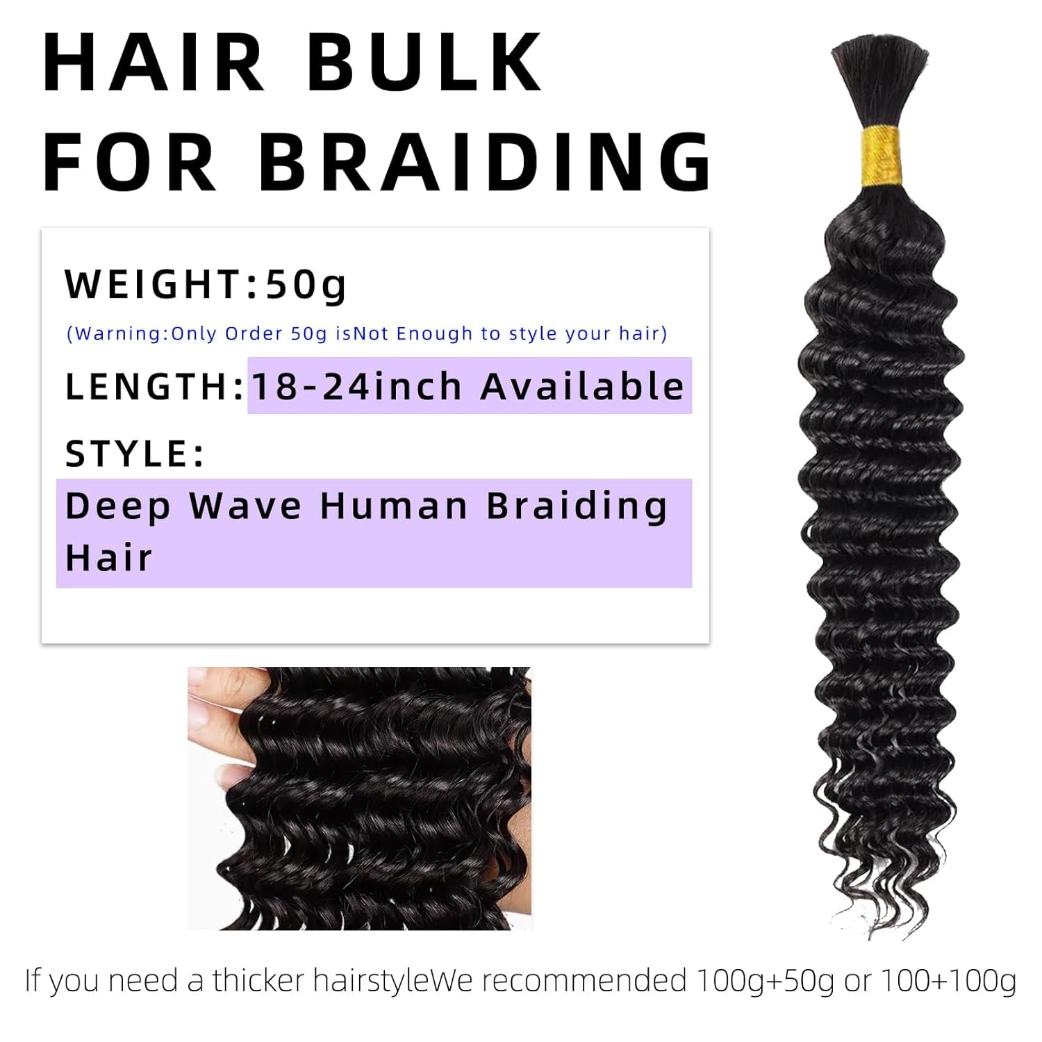 Langer Human Braiding Hair 20 Inch Deep Wave Bulk Human Hair for Braiding No Weft Bundle 100G 2 Bundles/Pack 16A Brazilian Virgin Water Curly Human Hair Extensions for Braids Human Hair Braiding Hair