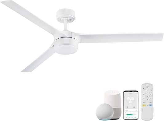 60” Large Smart Ceiling Fans with LED Lights and Remote,Quiet DC Motor,Dimmable,Outdoor Indoor Matte White Ceiling Fan Controlled by WIFI Alexa App,Modern 3 Blade for Bedroom Living Room Patio