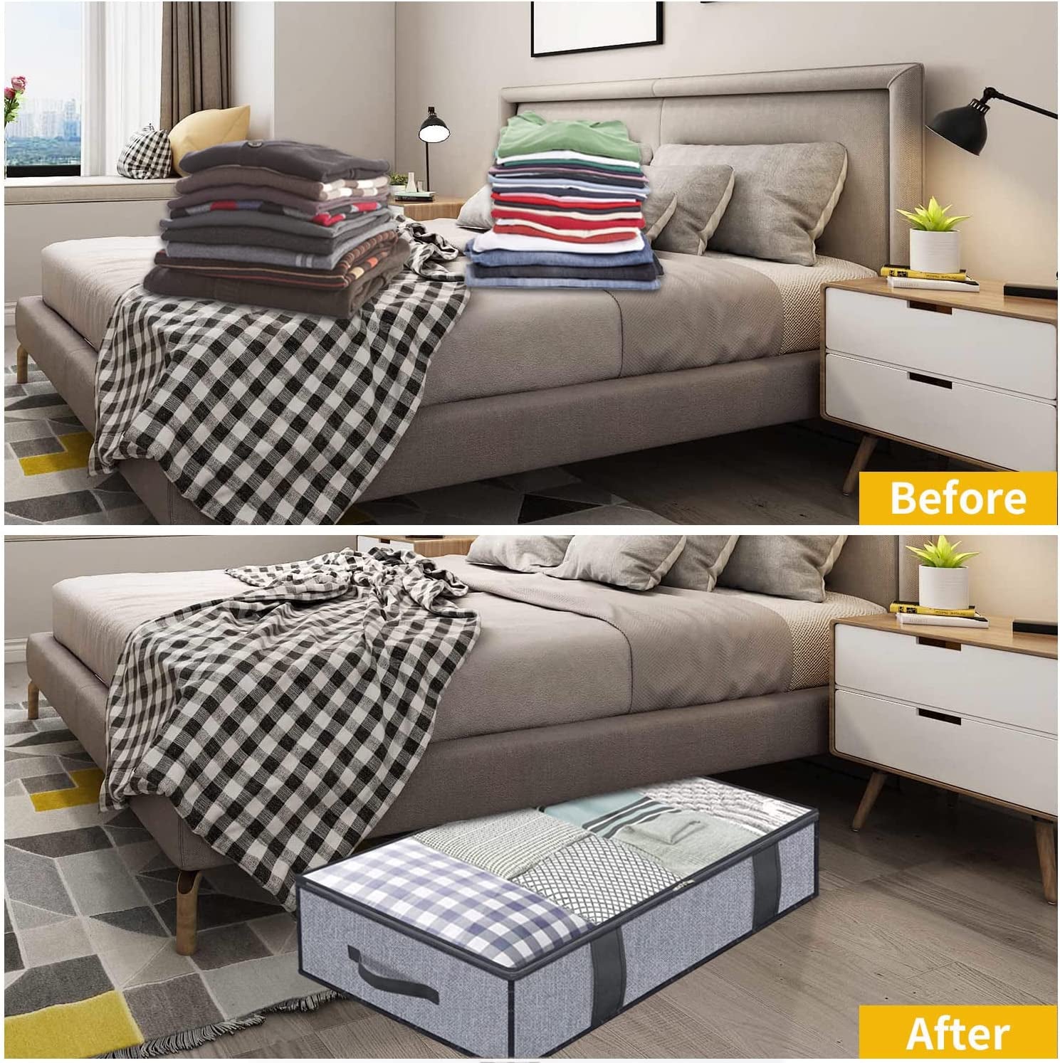 Foldable Underbed Bags 2 Pack - Blankets Clothes Comforters Storage Bag Breathable Zippered Organizer for Bedroom with Clear Window and 4 Handles, 39.4X19.7X5.9 In, Linen-Like Grey, MXDUBBP2