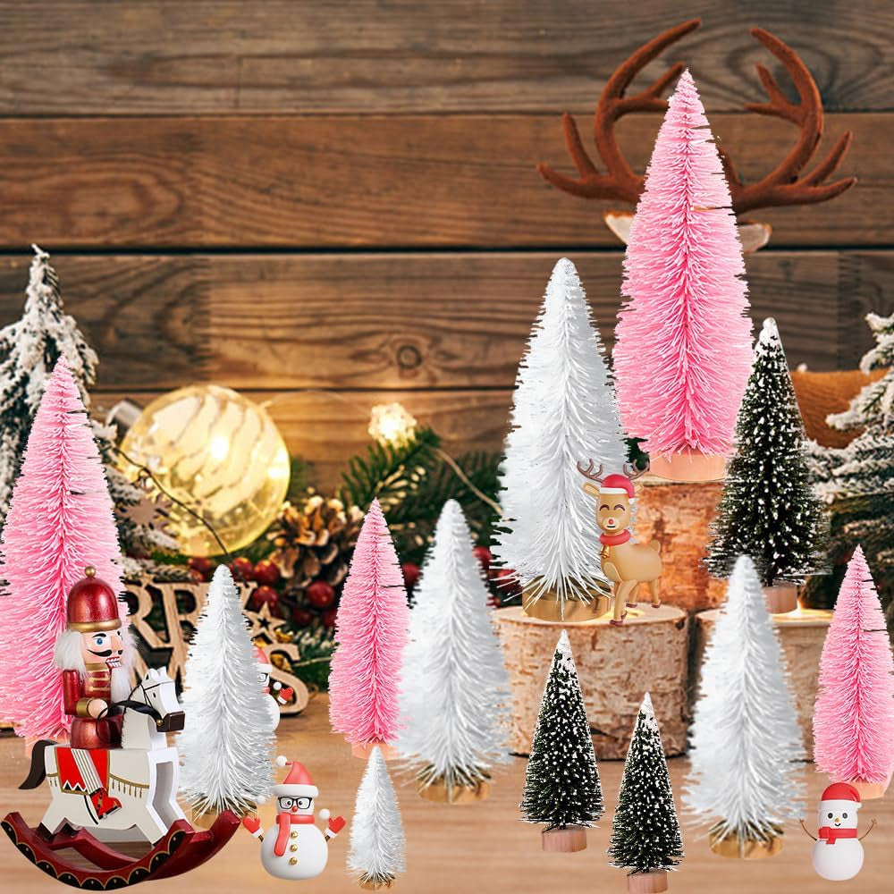 Artificial Mini Christmas Trees, 30 Pcs Sisal Snow Pines in 5 Sizes, Crafting Displaying Decoration, Tabletop Xmas Tree for Home, Party (Pink/White/Green)