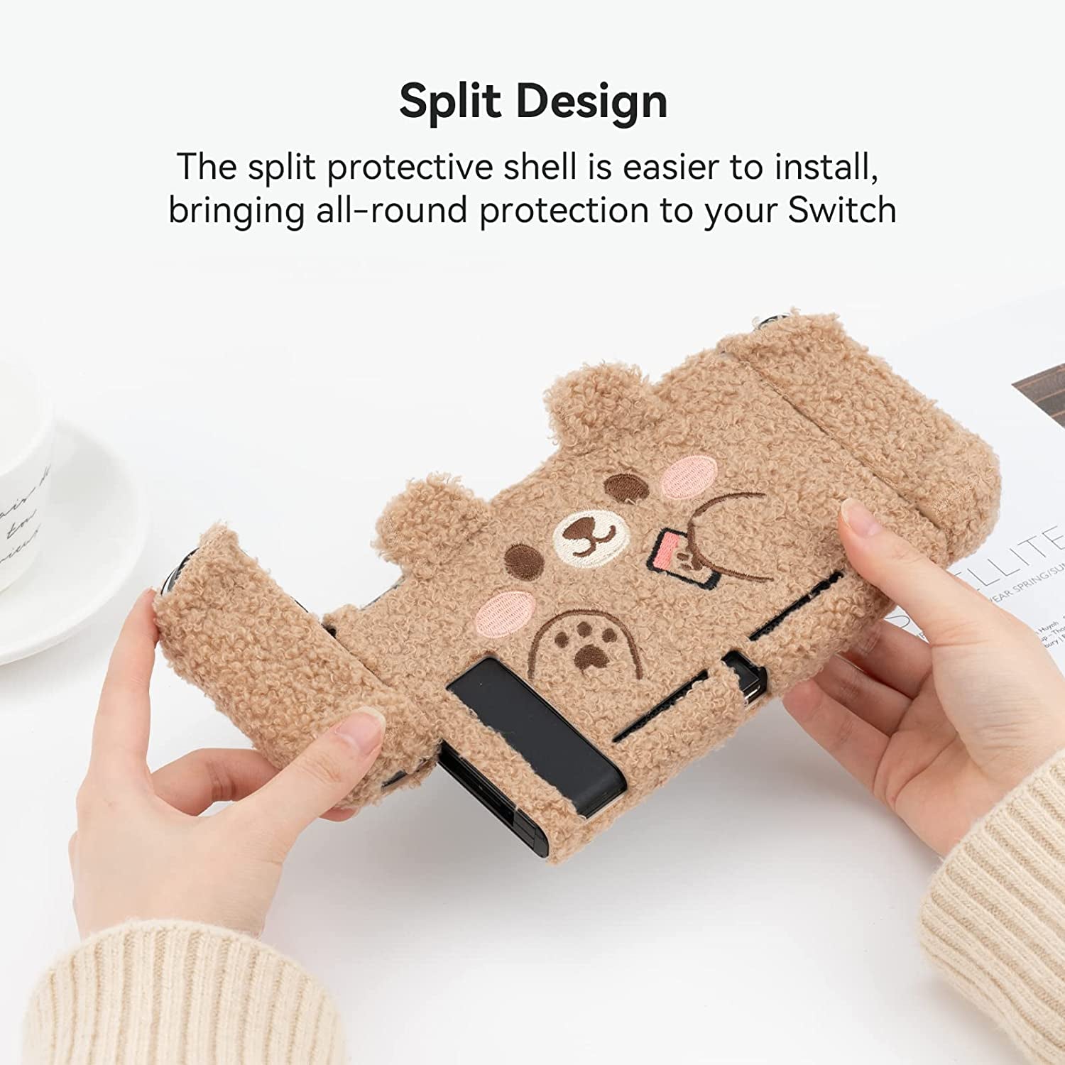 Cute Plush Protective Case Cover Compatible with Switch - Shock-Absorption and Anti-Scratch - Plush Bear (For Switch 2017)