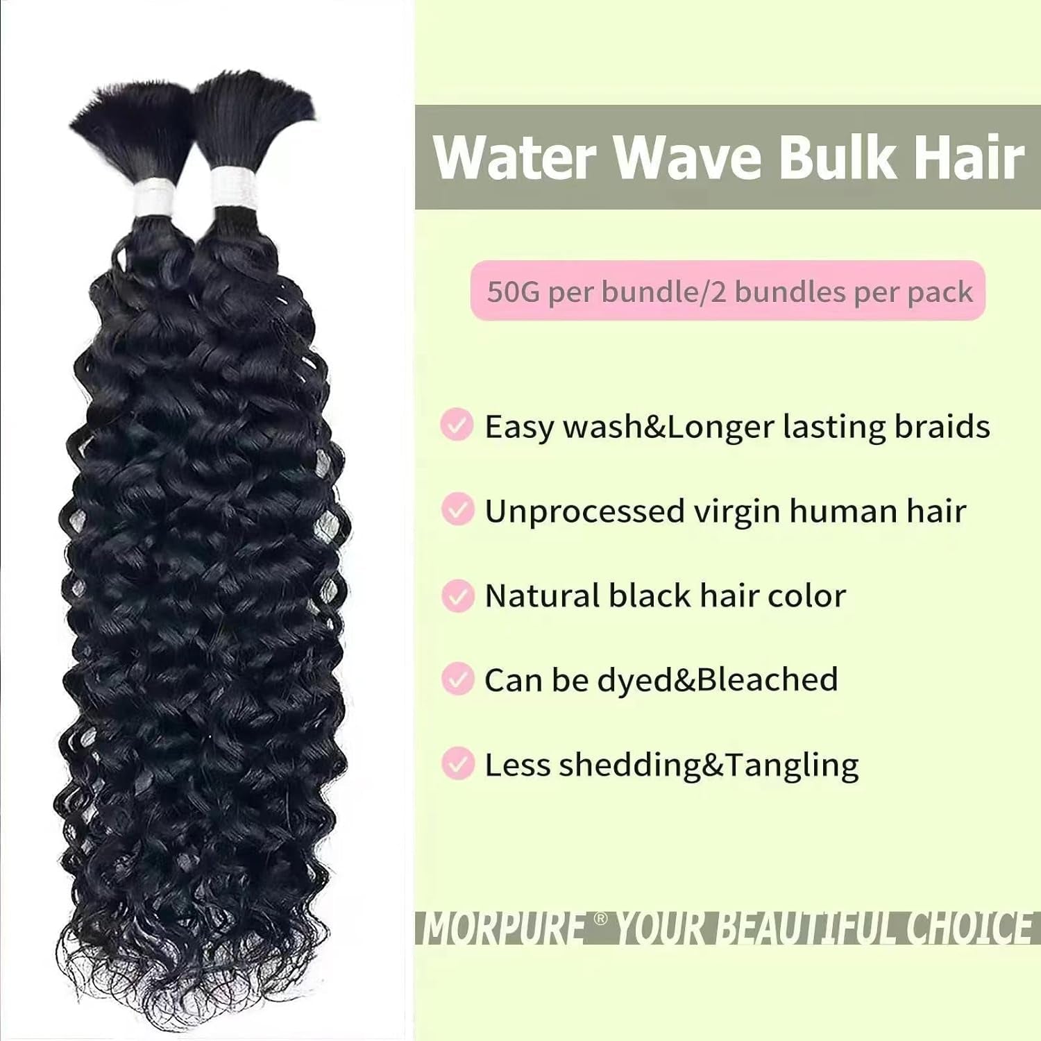 22 Inch Curly Human Hair Braiding Hair Wet and Wavy Water Wave Bulk Human Hair for Braiding No Weft Unprocessed Virgin Human Braiding Hair for Boho Braids Natural Color 2 Bundles/Pack (Total 100G)