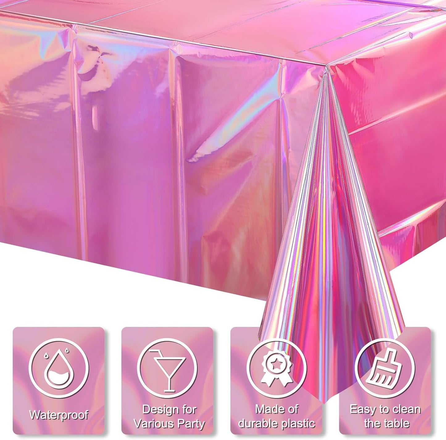 8 Pack Iridescent Pink Plastic Tablecloths,  Shiny Disposable Laser Rectangle Table Covers, Holographic Foil Tablecloth Iridescent Party Decorations for Birthday Wedding Christmas, 54X108Inch