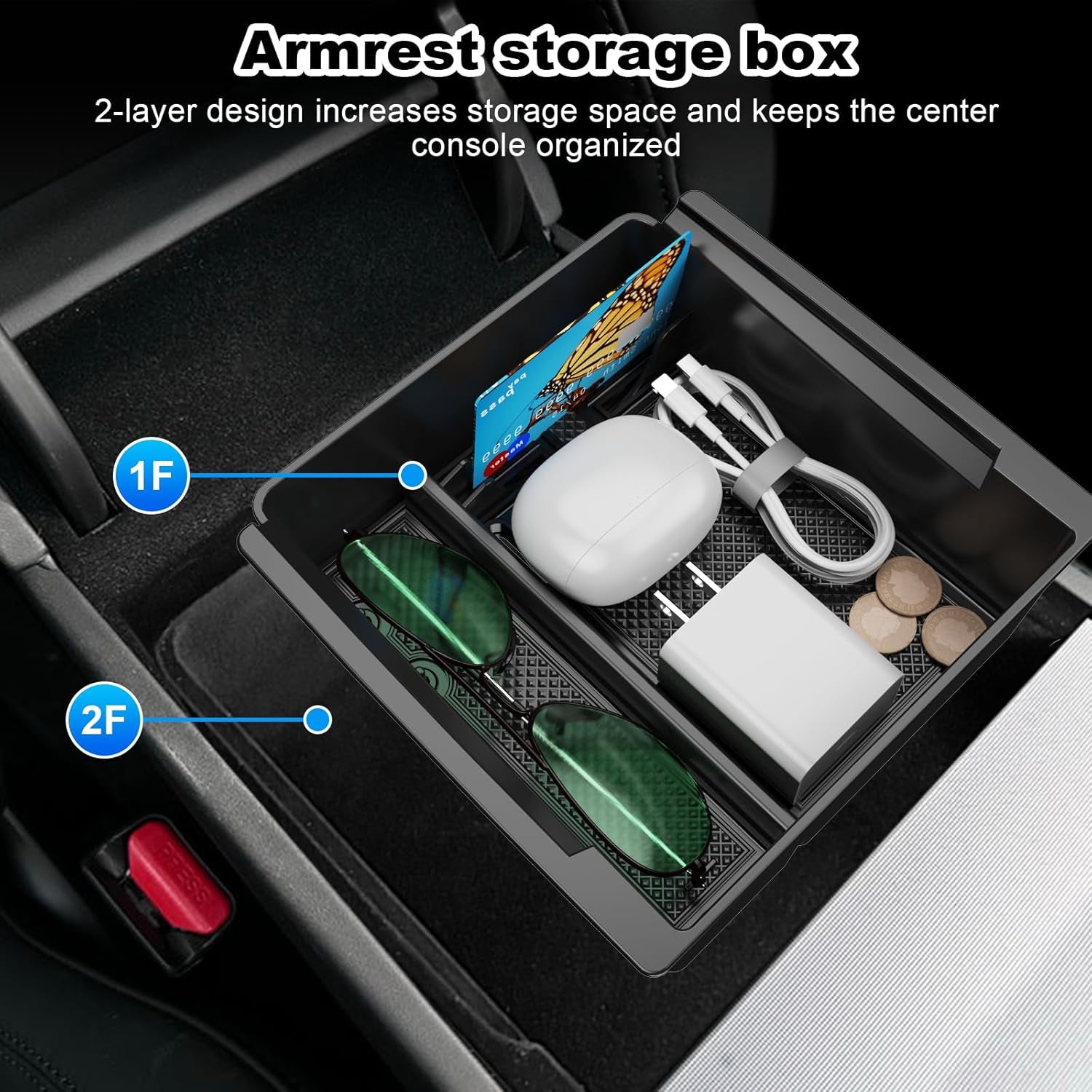 5PCS Upgraded Center Console Organizer for Tesla Model 3 Highland 2024 Accessories [Smooth Sliding] Armrest Organizer Tray Push Button Hidden Storage Box Cup Holder Webcam Cover, Black