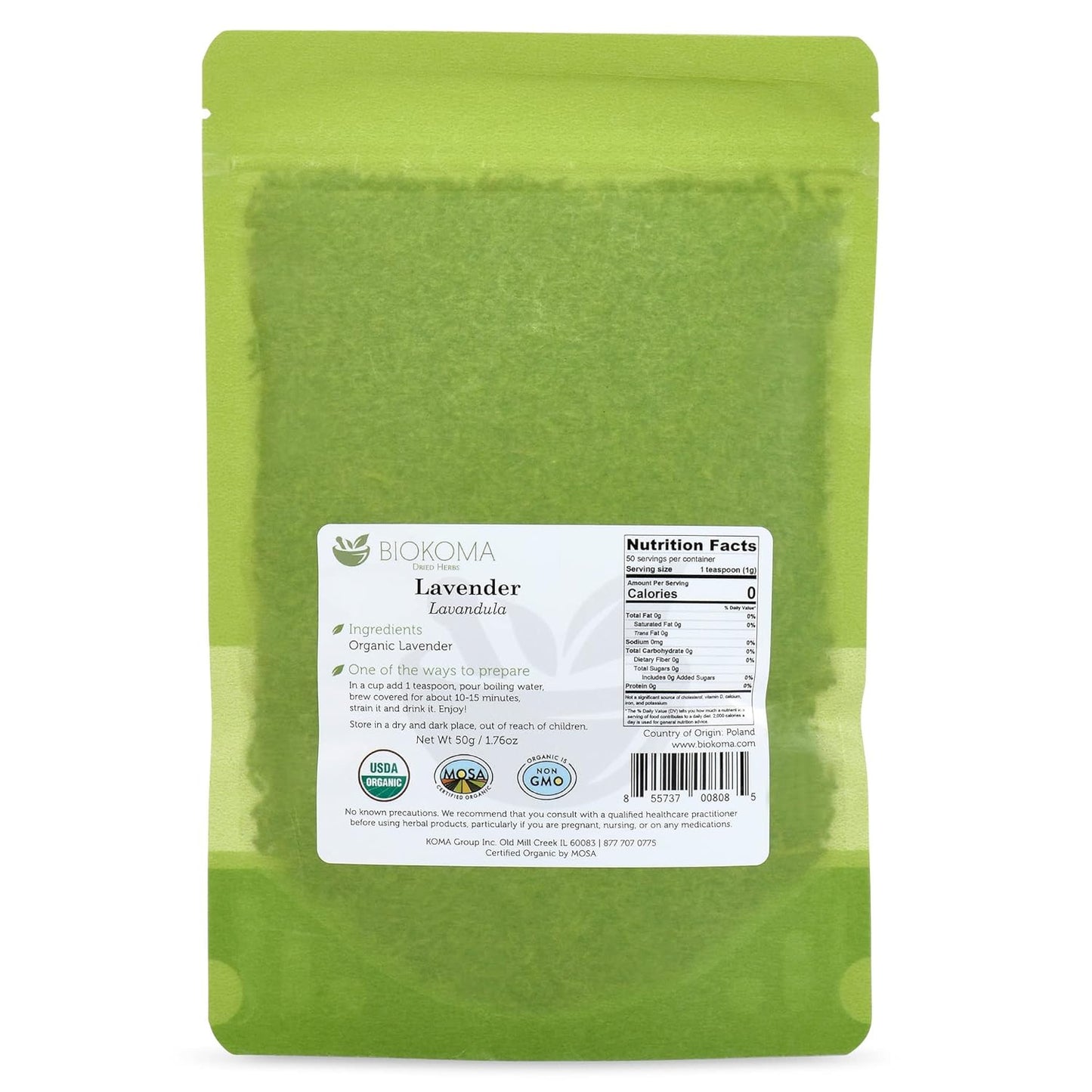 Pure and Organic Lavender (Lavandula) Dried Flowers 50G (1.76Oz) in Resealable Moisture Proof Pouch, USDA Certified Organic - Herbal Tea, No Additives, No Preservatives, No GMO, Kosher TLBH