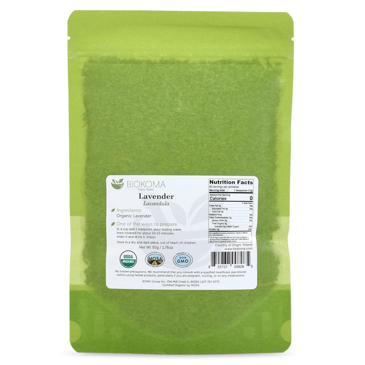 Pure and Organic Lavender (Lavandula) Dried Flowers 50G (1.76Oz) in Resealable Moisture Proof Pouch, USDA Certified Organic - Herbal Tea, No Additives, No Preservatives, No GMO, Kosher TLBH