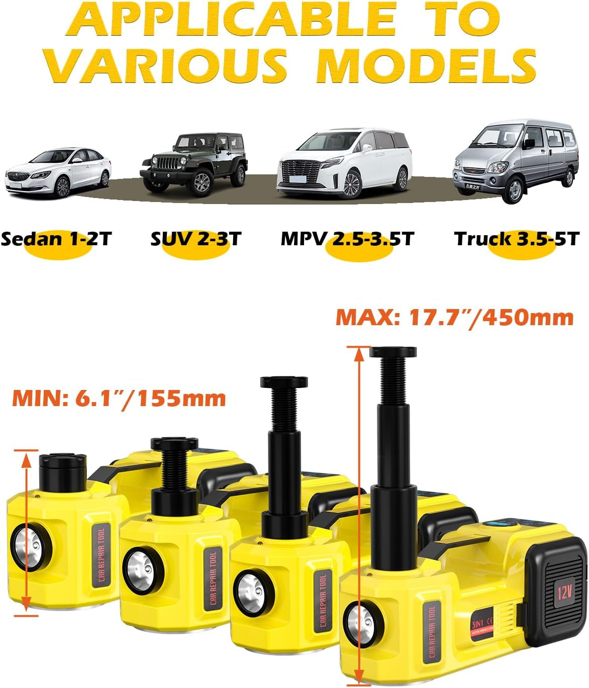 Electric Car Jack, 5 Ton 12V Digital Display Electric Jack for Car with E-Impact Wrench, Tire Inflator Pump and LED Light, (Lifting Range: 6.1~17.7 Inch) for Sedan, SUV, Truck Tire Change Replacement TRUCK DRIVER