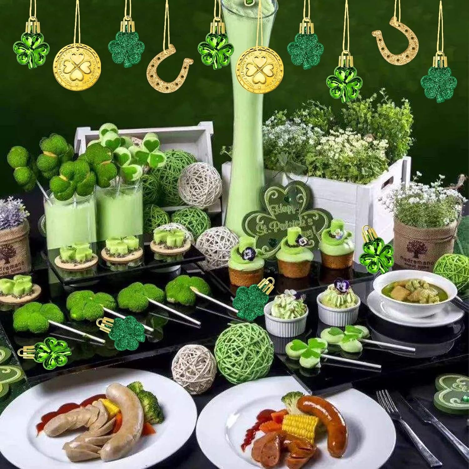 St. Patricks Day Decorations Shamrock Ornaments - 48Pcs Shamrock Clover Gold Coins Horseshoe Tree Ornaments for Spring Lucky Irish Day St Patrick'S Day Home Table Tree Party Hanging Decorations