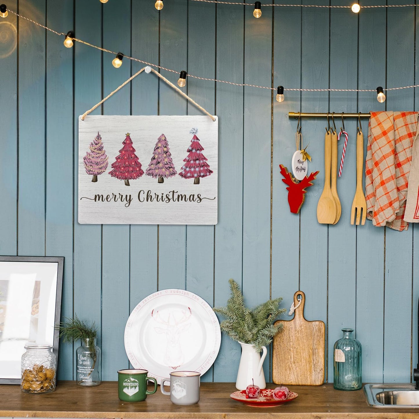 Pink Merry Christmas Wooden Hanging Sign - Pink Christmas Tree Sign, Christmas Porch Front Door Sign, Indoor Christmas Wall Hanging Decor for Bedroom Home,10.2X7.8 Inches