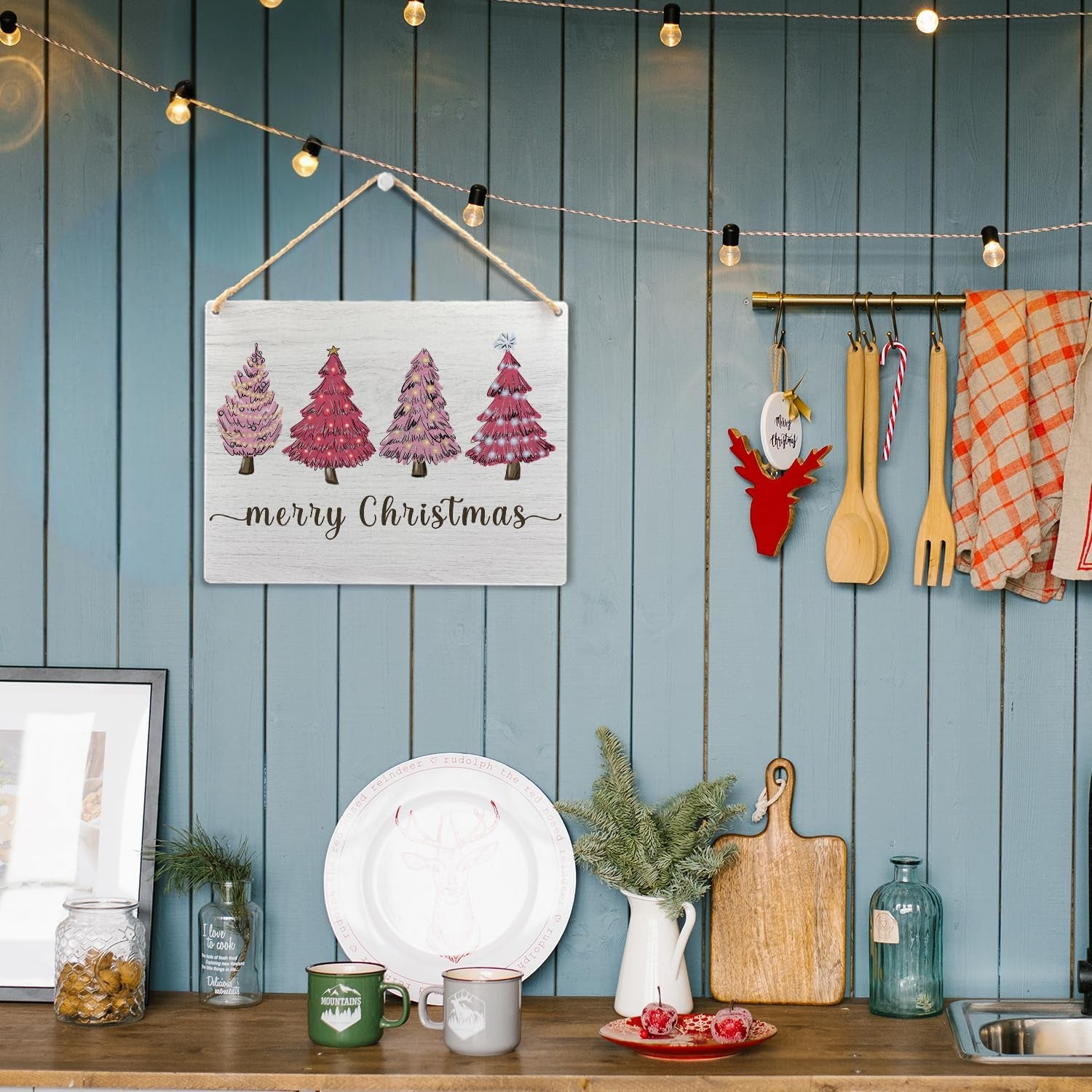 Pink Merry Christmas Wooden Hanging Sign - Pink Christmas Tree Sign, Christmas Porch Front Door Sign, Indoor Christmas Wall Hanging Decor for Bedroom Home,10.2X7.8 Inches