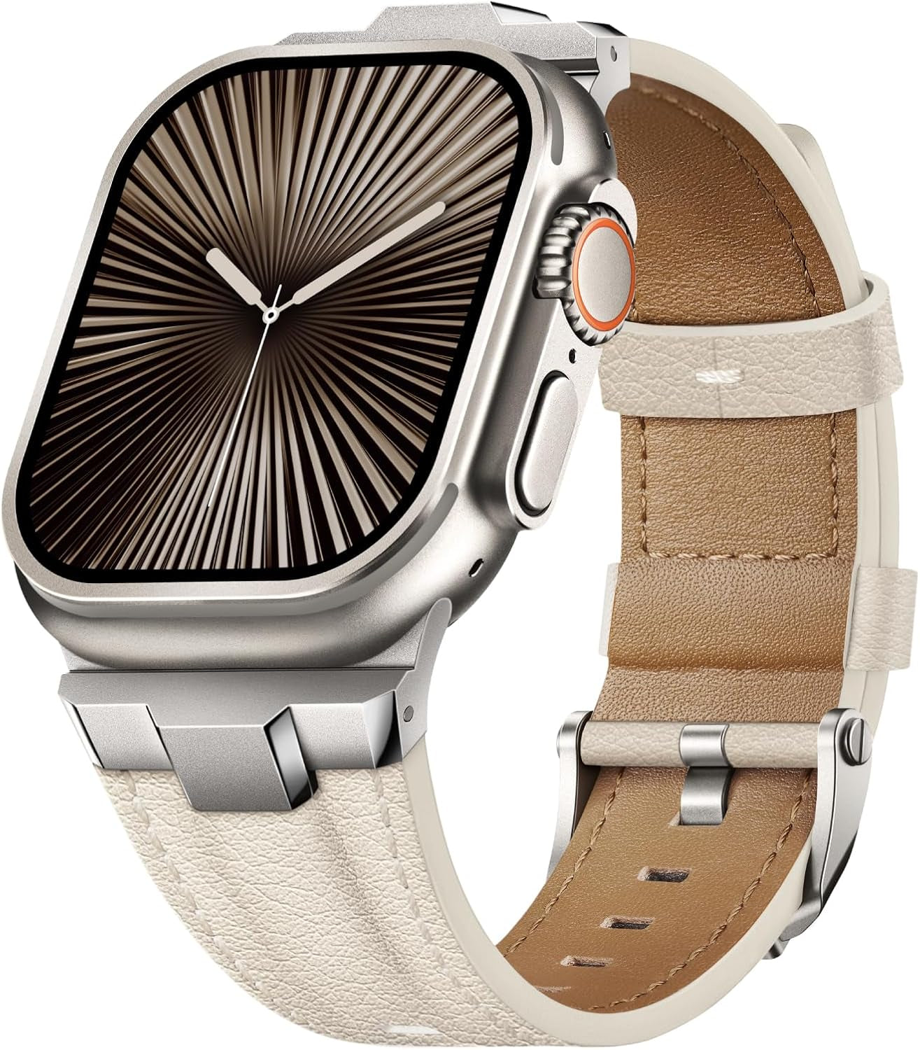 Leather Bands Compatible for Apple Watch Ultra Band 49Mm 46Mm 45Mm 44Mm 42Mm, Genuine Leather Rugged Durable Matel Connector Replacement Strap for Women Men Iwatch Ultra 10 9 8 7 6 5 4 3 SE