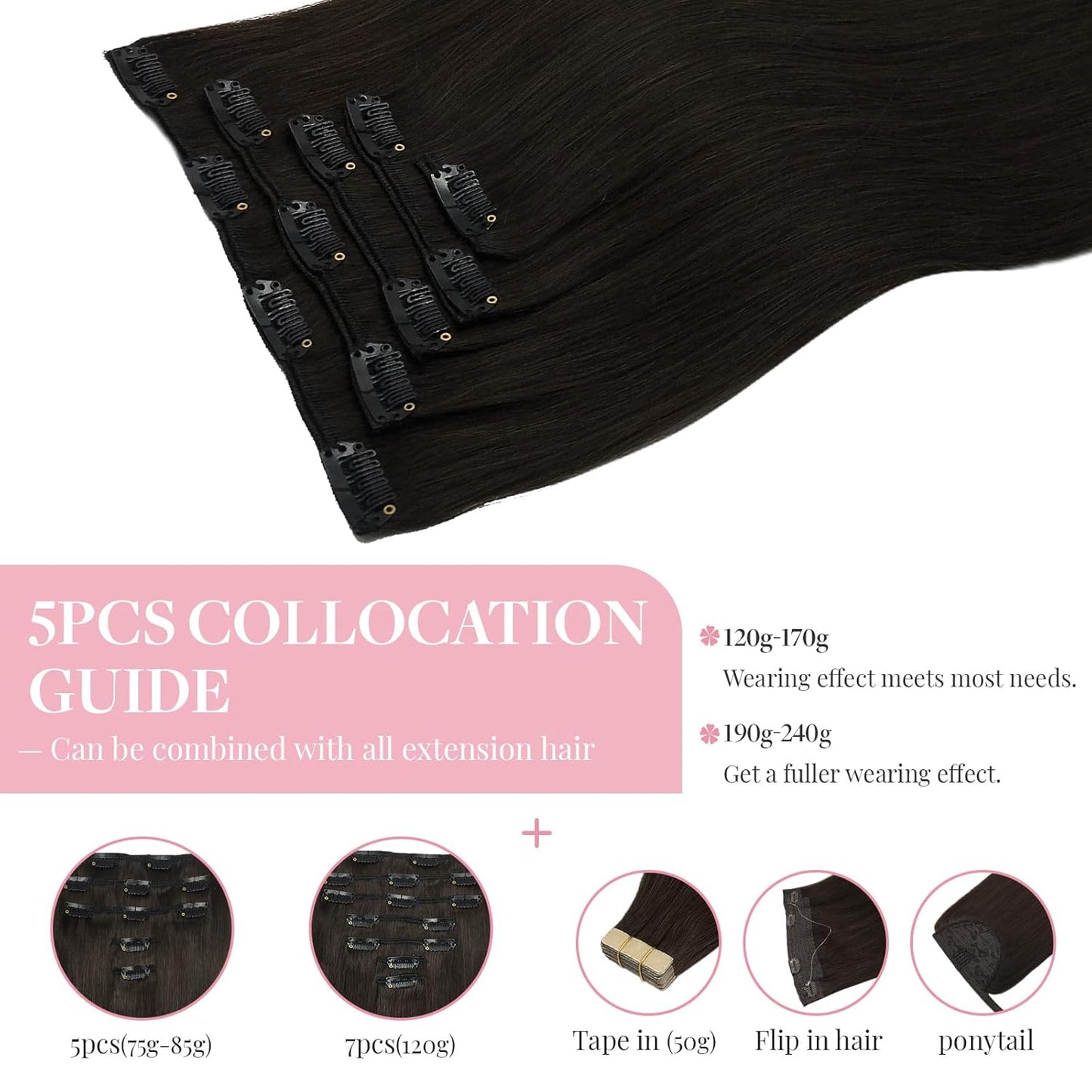 Hair Extensions Clip in Real Human Hair  Remy Clip in Hair Extensions Real Human Hair Long Straight Hair Extensions Natural Hair for Woman (#1 Jet Black, 16)