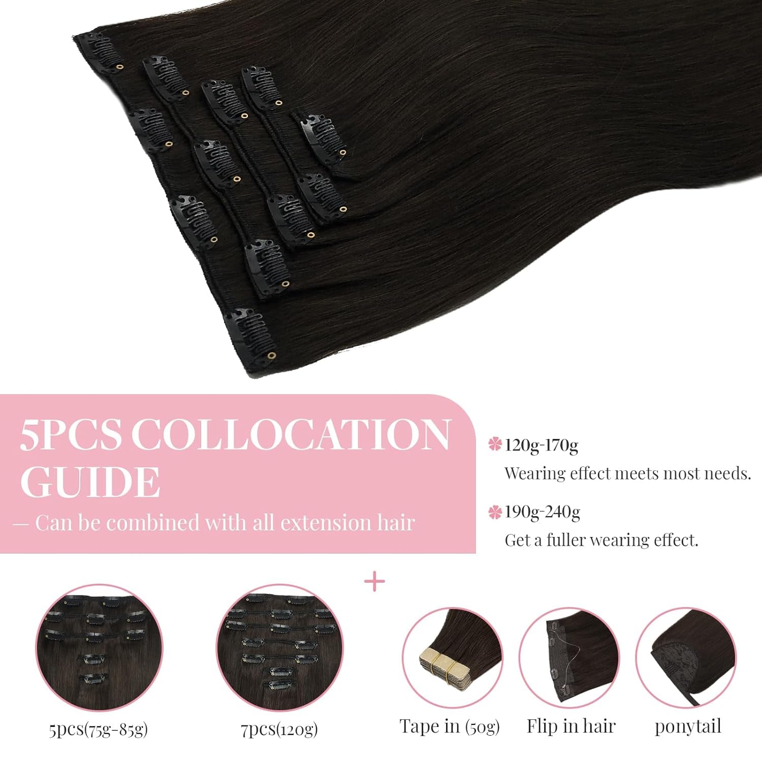 Hair Extensions Clip in Real Human Hair  Remy Clip in Hair Extensions Real Human Hair Long Straight Hair Extensions Natural Hair for Woman (#1 Jet Black, 16)