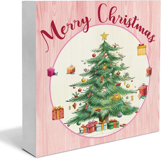 Pink Christmas Decor, Merry Christmas Wooden Sign Home Decor, Christmas Tree Wooden Block Sign, Christmas Decor for Table Shelf 5 X 5 Inch