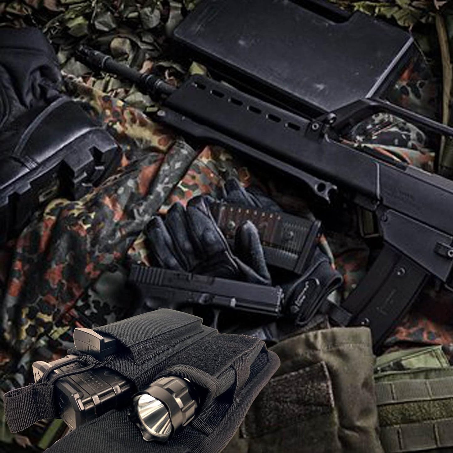 Molle Mag Pouch with Flashlight Holster Tactical Single Magazine Holder Carrier for Rifle and Pistol Accessories Black