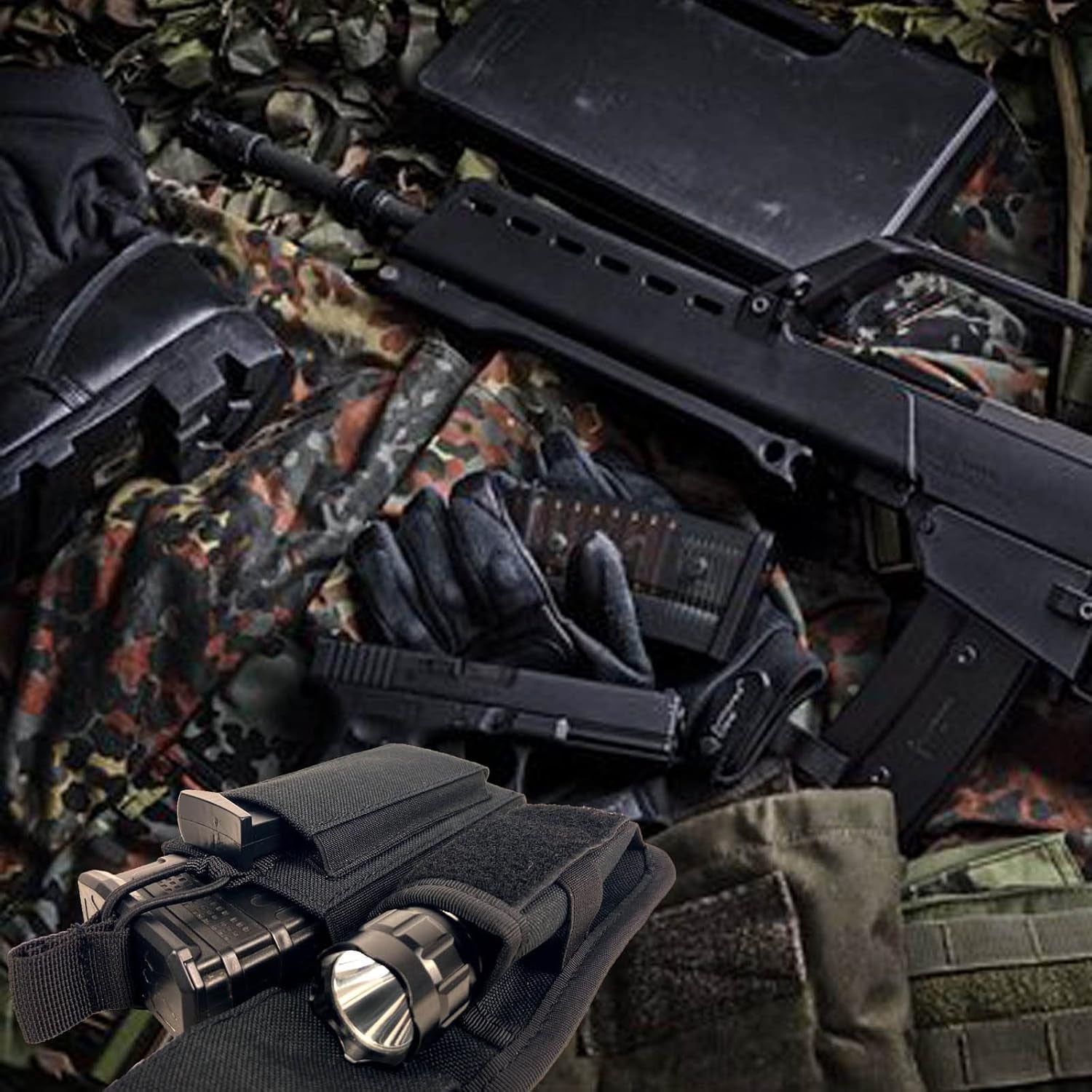 Molle Mag Pouch with Flashlight Holster Tactical Single Magazine Holder Carrier for Rifle and Pistol Accessories Black