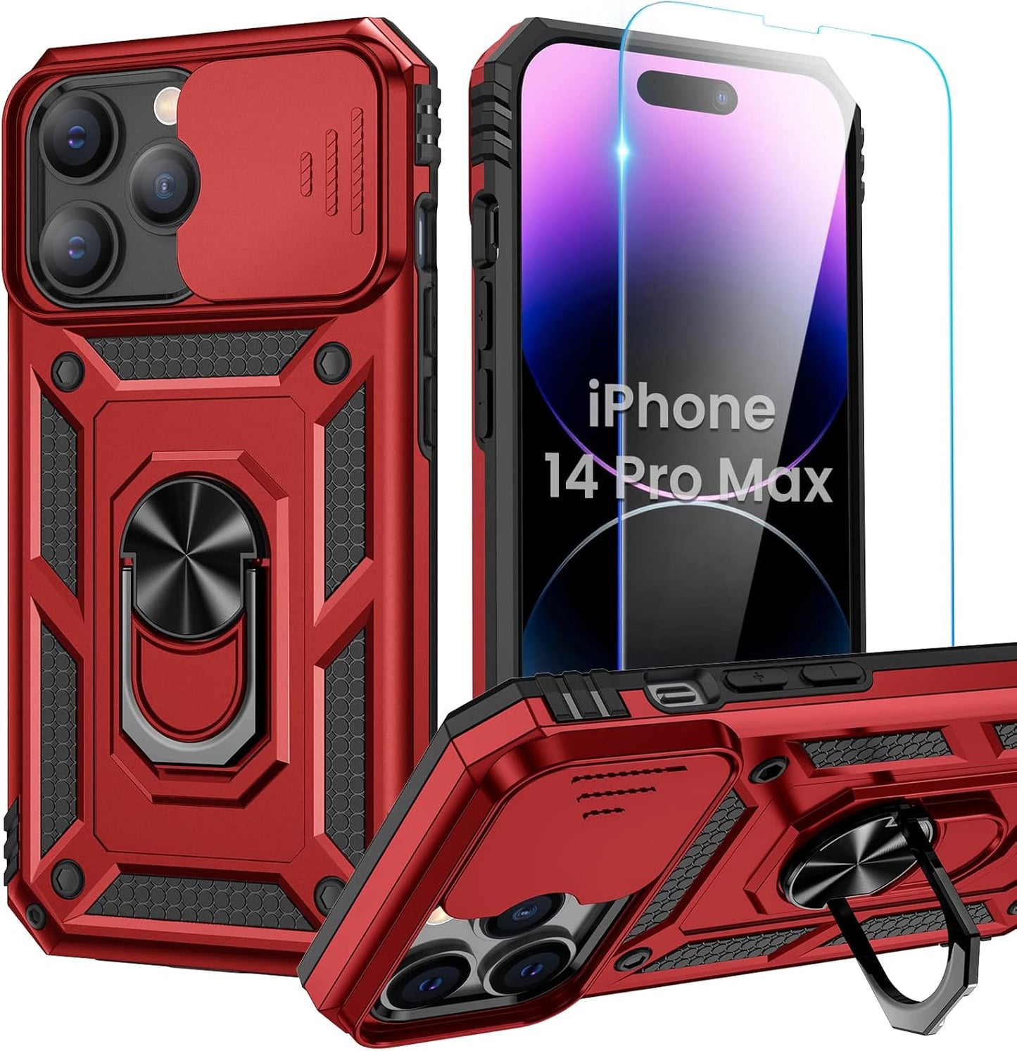 Compatible for Iphone 16 Case with Screen Protector - Slide Camera Cover Protective Phone Case with Ring Stand, Heavy Duty Shockproof Rugged Bumper for Iphone 16 Accessories Blue