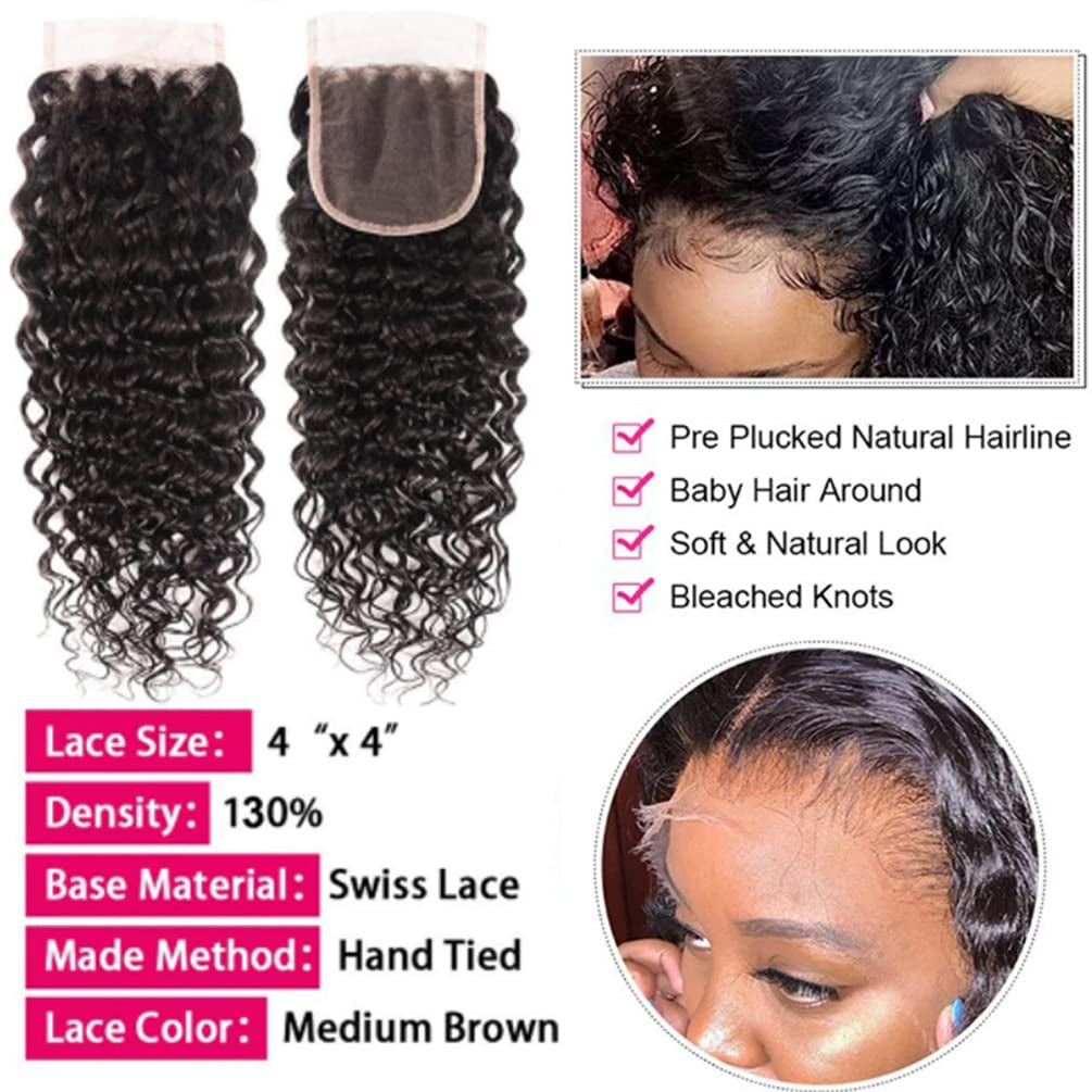 Deep Wave Bundles with Closure (12 14 16+10 Free Part) 12A 100% Unprocessed Brazilian Virgin Human Hair Bundles with 4X4 Lace Closure Deep Curly Weave Hair Extensions Natural Color for Black Women