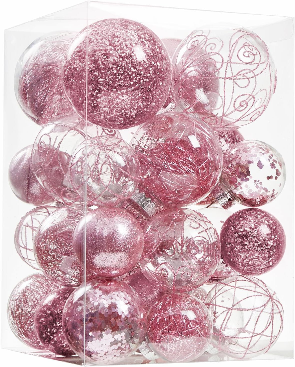 Christmas Ball Ornaments Shatterproof Clear Large Plastic Hanging Ball Decorative Baubles Set with Stuffed Delicate Decorations (Multi-Size, Pink)