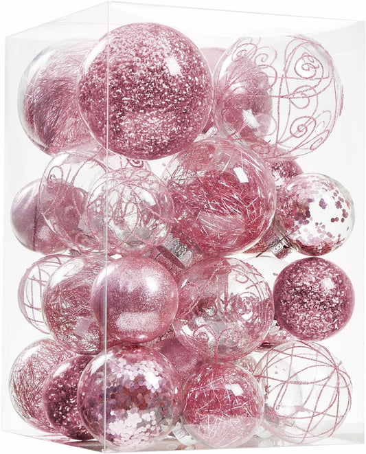 Christmas Ball Ornaments Shatterproof Clear Large Plastic Hanging Ball Decorative Baubles Set with Stuffed Delicate Decorations (Multi-Size, Pink)