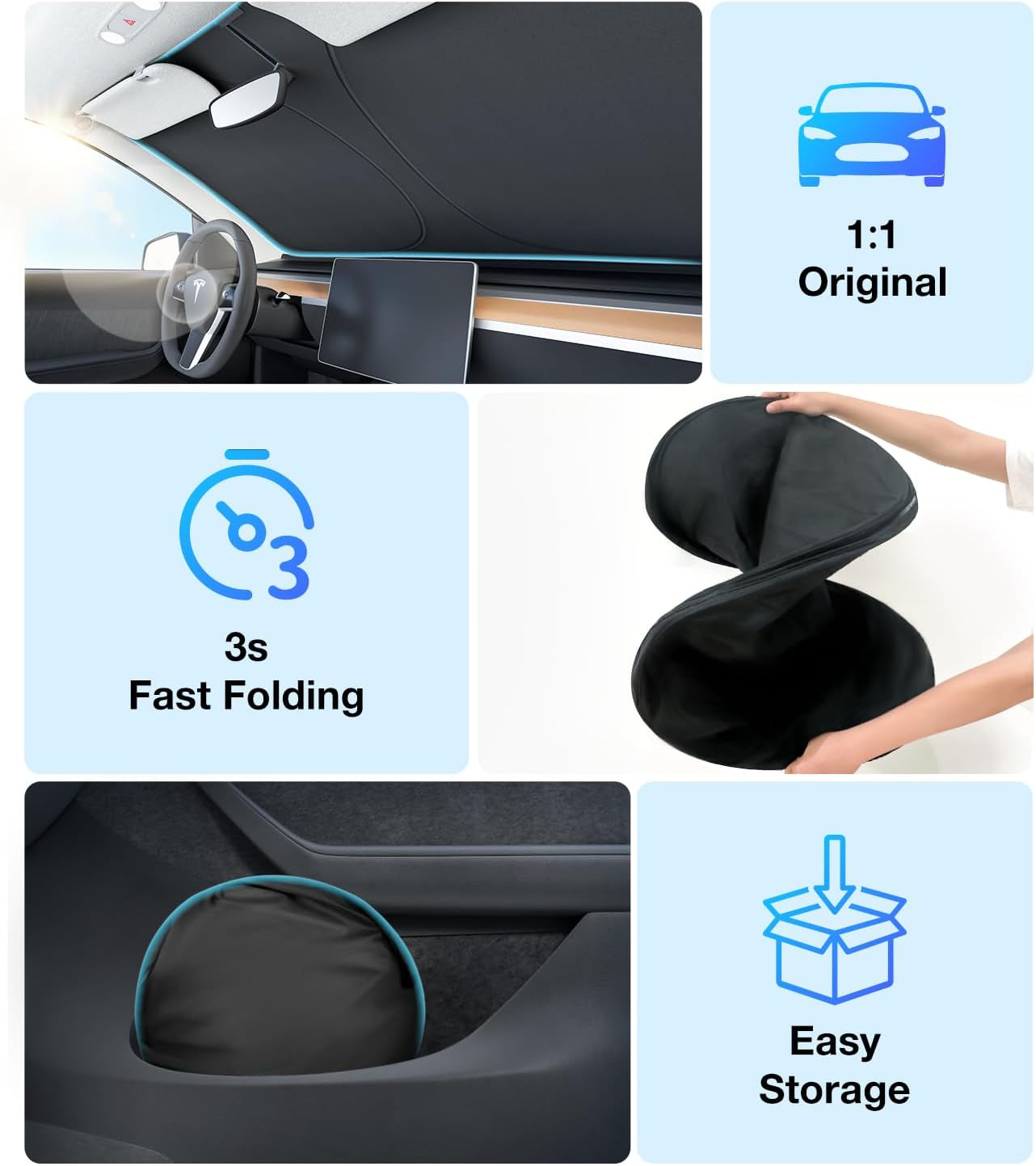 2024 Upgraded Accessories Tesla Model 3 Windshield Sunshade [OEM Design, 100% Sun Blockage] Foldable Heat Insulation Sun Shade with Storage Bag, for Tesla Model 3 2016~2024, Silver Coating