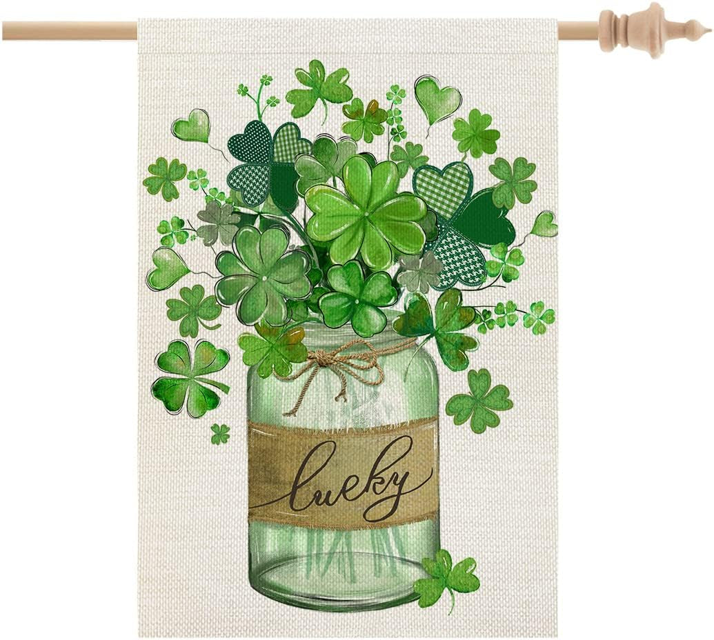 St Patricks Day Shamrocks Mason Jar Garden Flag 12X18 Inch Double Sided for outside Small Burlap Green Clovers Lucky Welcome Yard Holiday Flag
