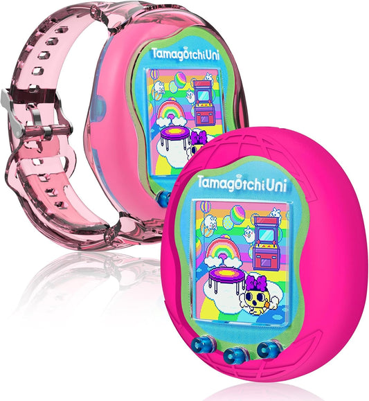 2 Pack Case for Tamagotchi Uni, Silicone Case + TPU Band Protective Cover for Tamagotchi Uni Interactive Virtual Pet Game Machine(Rose Red+Pink) ZOUSA