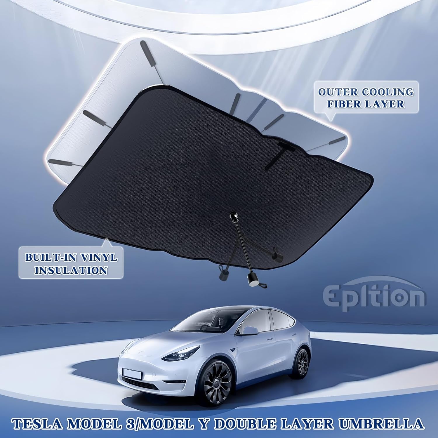 2024 Newest Tesla Model 3/Model Y Windshield Sunshade Double Layer Umbrella-[Outer Cooling Ice Crystal Layer][Built-In Vinyl Insulation],Full-Size Foldable Front Sun Shade for Model 3/Y 2016-2024