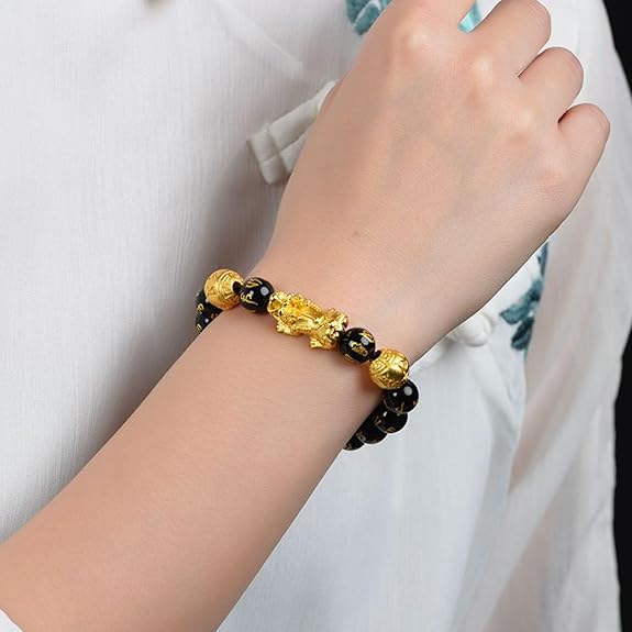 Wealth And Luck Bracelet, Feng Shui Black Obsidian Pixiu Wealth Bracelet Prosperity Buddha Beads Elastic Bracelets for Women Men Jewelry