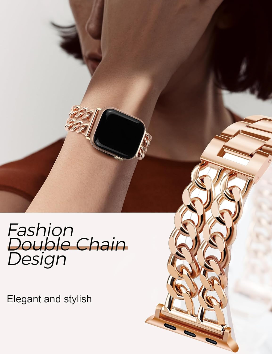Rose Gold Watch Bands for Women Compatible with Apple Watch Band 38Mm 40Mm 41Mm Adjustable Metal Band Cowboy Steel Chain Bracelet for Iwatch Series 9/8/7/6/5/4/3/2/1/Se/Ultra (No Case)