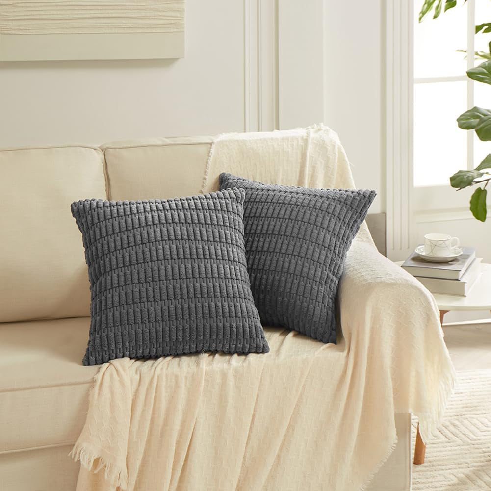 4 Packs Dark Grey Decorative Throw Pillow Covers 18X18 Inch for Living Room Couch Bed, Rustic Modern Farmhouse Boho Home Decor, Soft Plush Corduroy Cute Accent Square Cushion Case 45X45 Cm