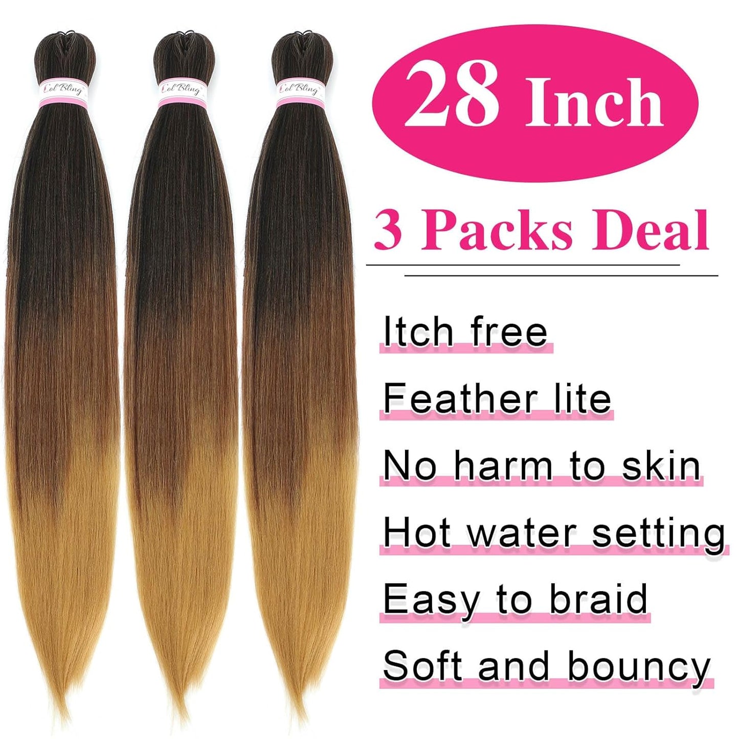 Braiding Hair Pre Stretched Ombre 28 Inch 3 Packs Braiding Hair Yaki Texture Prestretched Crochet Hair Braids 1B/30/27
