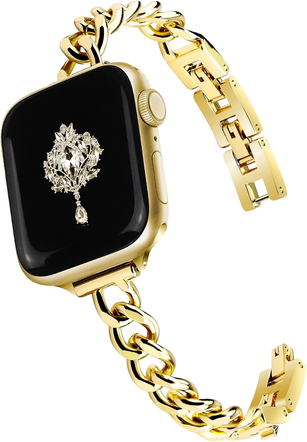 Bling Stretchy Nylon Band Gold Band Women Feminine Elegant Compatible with Apple Watch 42Mm 44Mm 45Mm 46Mm 49Mm Adjustable Metal Strap Dressy Chain Bracelet for Iwatch Series 10/9/8/7/6/5/4/
