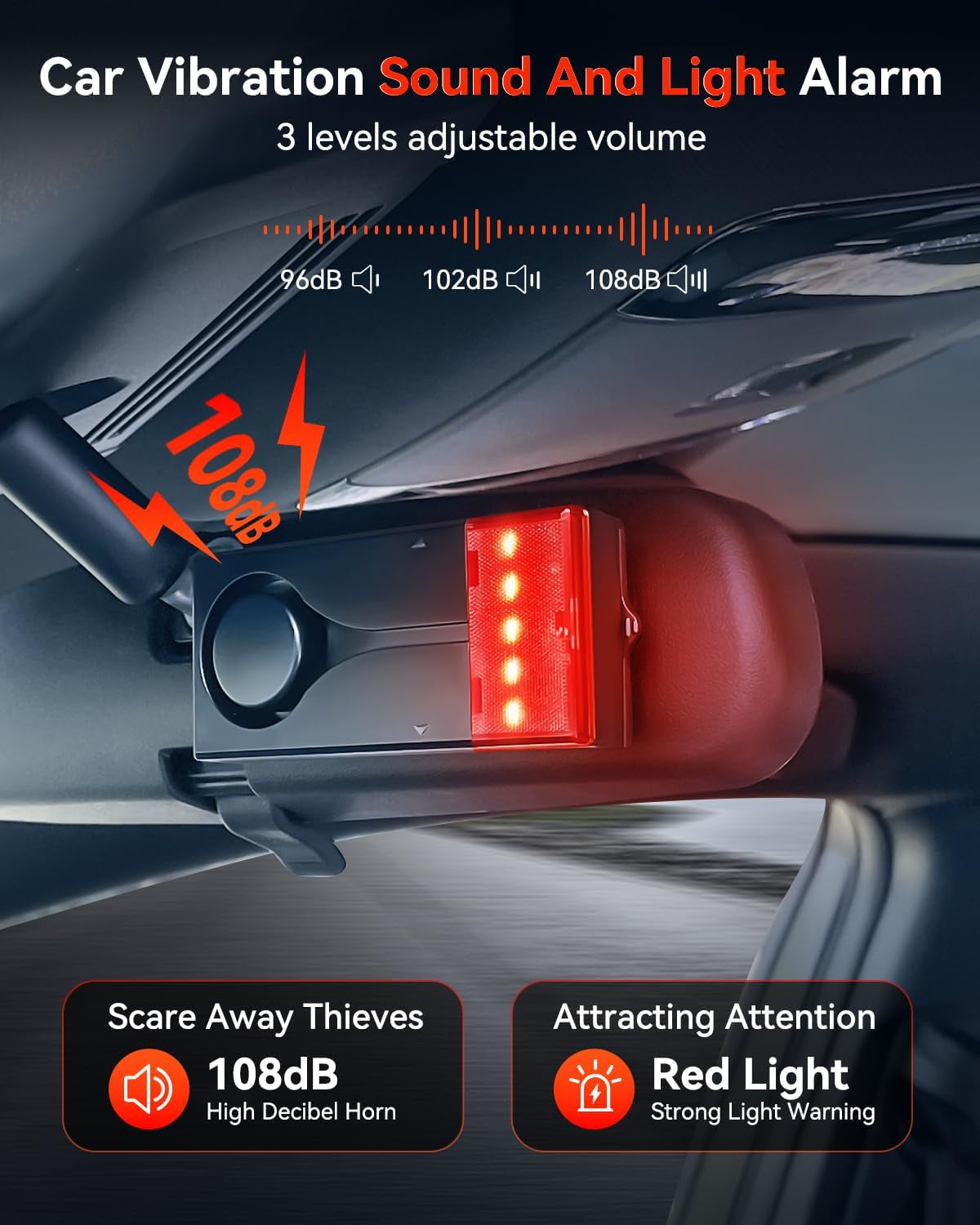 Car Anti-Theft Vibration Alarm,  108Db Car Vibration Sound & Light Alarm, Wireless Remote Vibration Sensor Car Alarm Vehicle Security Alarm System Automotive Warning Interior Safety Red Light
