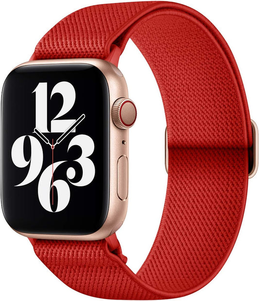 Stretchy Nylon Watch Bands Compatible with Apple Watch Series 10/9/8/7/6/5/4 Ultra 2/1 SE, Adjustable Braided Elastic Sport Loop Rugged Straps for Iwatch Women Men (Bright Red, 44/45/46/49MM)