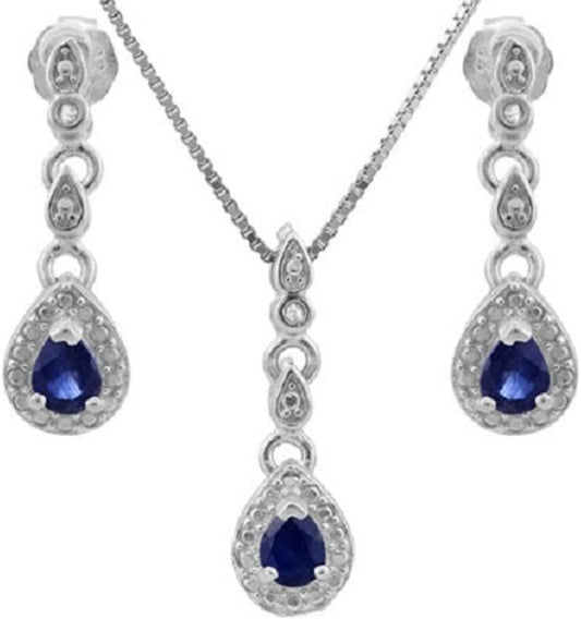 1/2 CT Genuine Sapphire & Diamond Sterling Silver Earring & Pendant Set W/18" Chain