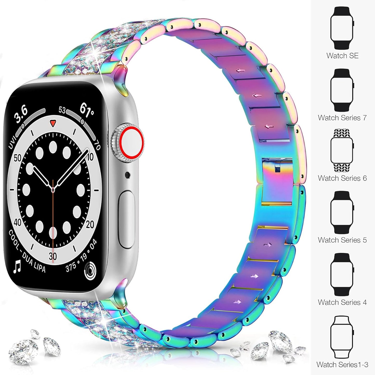 for Apple Watch Band 38Mm 40Mm 41Mm Series 8 Series 7 6 5 4 3 2 1 SE Ultra, Bling Replacement Bracelet Iwatch Band, Diamond Rhinestone Stainless Steel Metal Wristband Strap