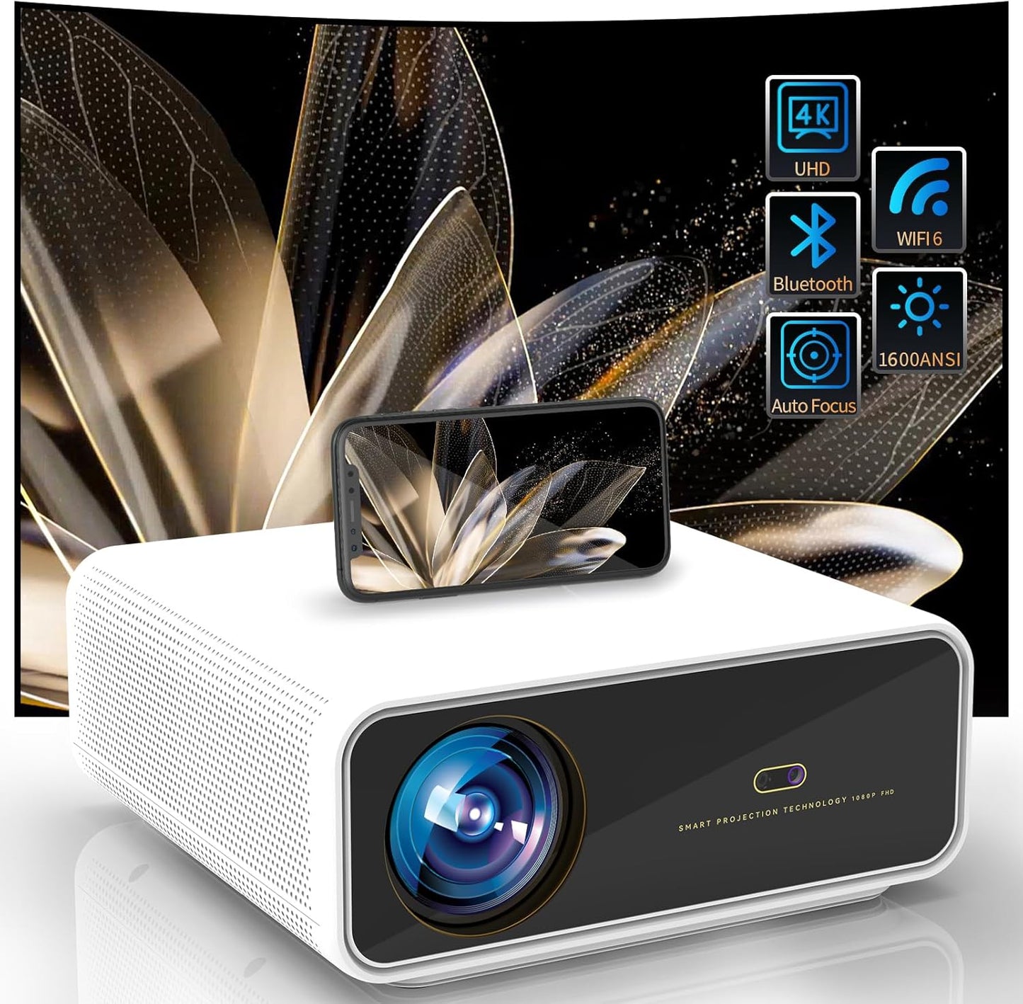 Smart 4K Outdoor Projector with WIFI and Bluetooth,1600Ansi,Auto Focus & Keystone,Doiby Audio,Ppt,Home Theater Movie Projector 4K Hdr10,50%Zoom,500''Display,Arc Compatible W/ TV Stick,Ios,Android,Pc