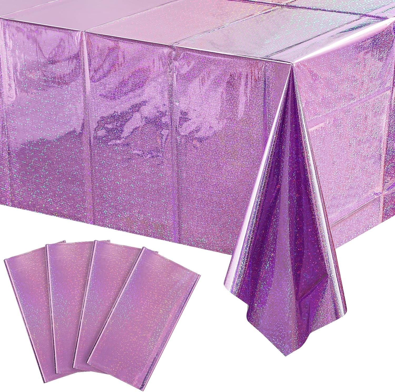 4 Pack Iridescent Light Purple Plastic Tablecloths Shiny Disposable Laser Rectangle Table Covers Holographic Foil Tablecloth Iridescent Party Decoration Birthday Bridal Wedding Christmas 54 X 108 Inch