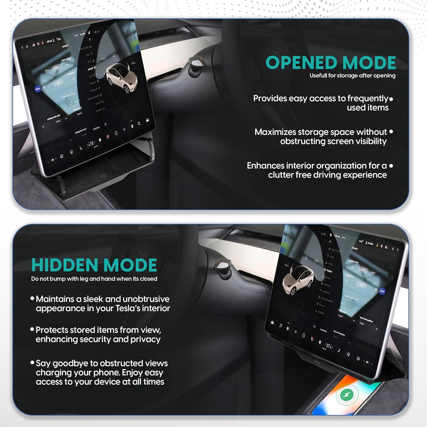 Hidden under Screen Storage for Tesla Model Y and 3 2016-2024 – Consoles and Organizers Accessories for Center Console Organizer Hidden Shelf Phone Magnetic Caddy Holder