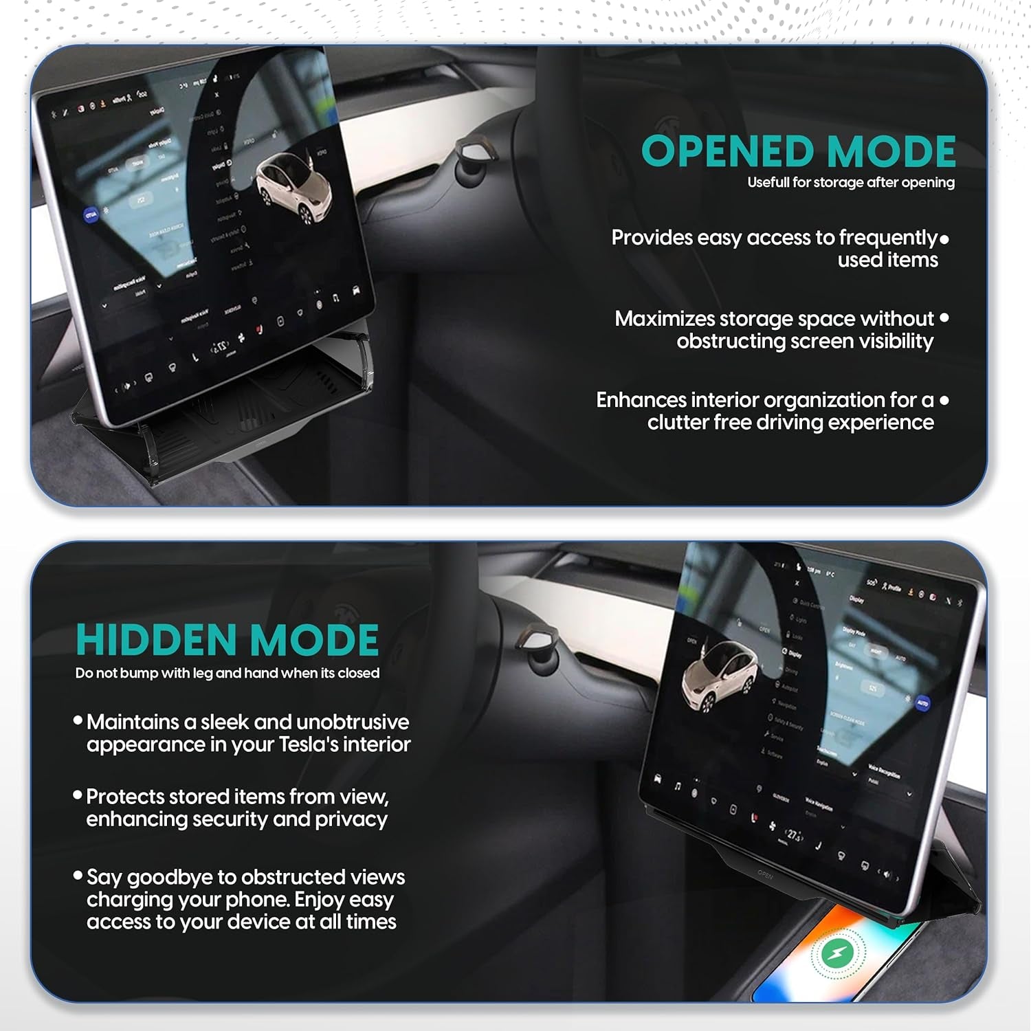 Hidden under Screen Storage for Tesla Model Y and 3 2016-2024 – Consoles and Organizers Accessories for Center Console Organizer Hidden Shelf Phone Magnetic Caddy Holder