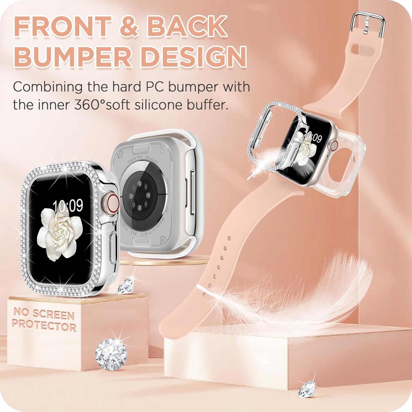 Compatible for Apple Watch Bands 44Mm with Bumper, Bling Glitter Women Silicone Soft Comfortable Strap for Iwatch SE Ultra Series 10 9 8 7 6 5 4 3 2 1