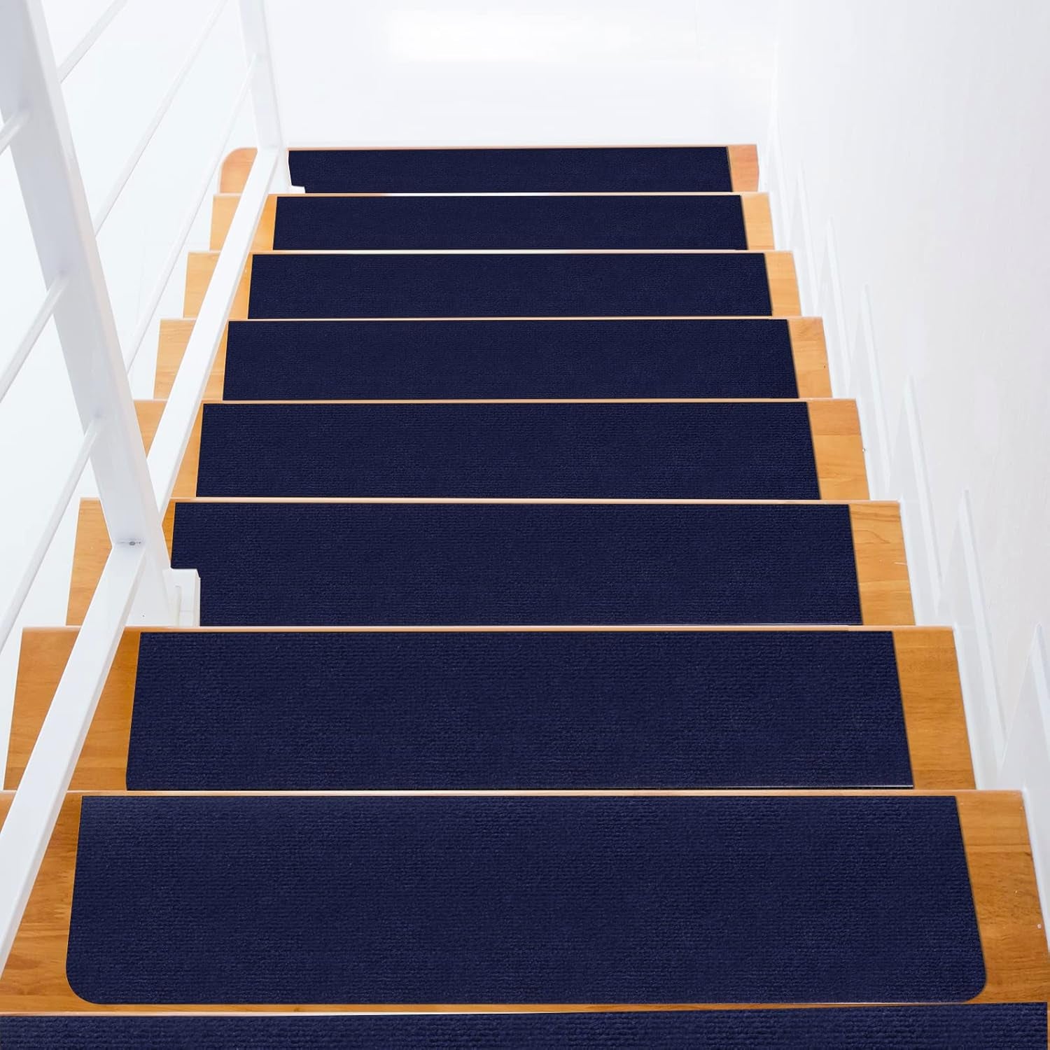 8X30In 15PCS Non-Slip Stair Treads Carpet, Self-Adhesive Stair Treads for Wooden Steps, Indoor Safety Staircase Step Treads, anti Slip Stair Runner Mats for Elders, Kids and Dogs (Navy Blue)