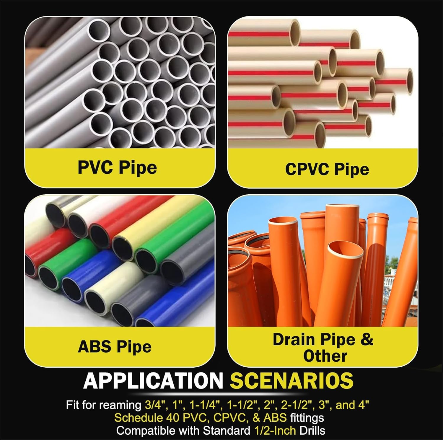 Premium 8Pcs PVC Pipe Reamer Kit - Complete Reamer Set, Fits Standard 1/2" Drills, Includes PPR75, PPR100, PPR125, PPR150, PPR200, PPR250, PPR300, PPR400 (3/4", 1", 1-1/4", 1-1/2", 2", 2-1/2", 3", 4")