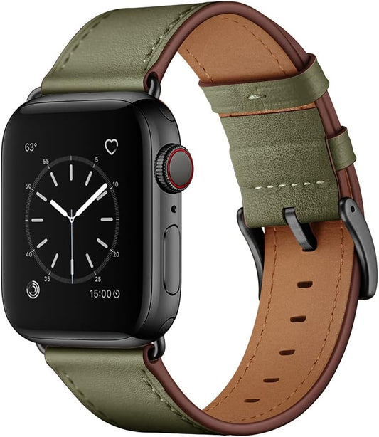 Compatible with Apple Watch Band 41Mm 40Mm 38Mm, Genuine Leather Band Replacement Strap Compatible with Apple Watch Series 9/8/7/6/5/4/3/2/1/SE2/SE, Army Green Band with Black Adapter