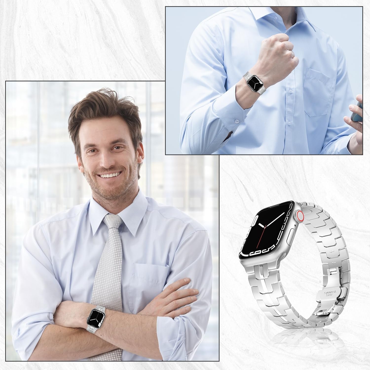 Watch Strap Compatible with Apple Watch Ultra2 Ultra 49Mm Series 9/8/7/6/5/4/3/2/1/SE 42/44/45Mm, Adjustable Metal Watch Band Stainless Steel Wristband with Butterfly Buckle, Silver